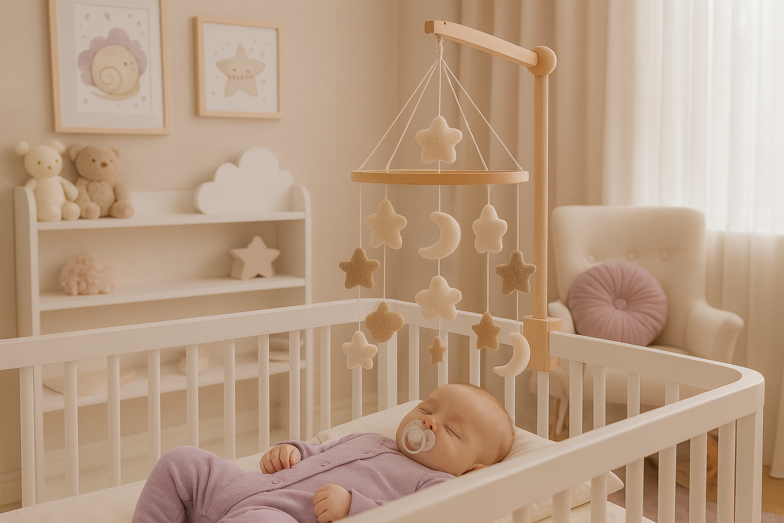 Bébé en pyjama mauve avec mobile bébé