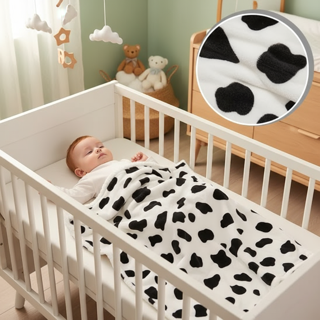BEBE ENDORMI AVEC COUVERTURE MOTIF TACHE NOIR 