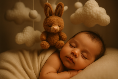 Bébé endormi avec mobile lapin brun