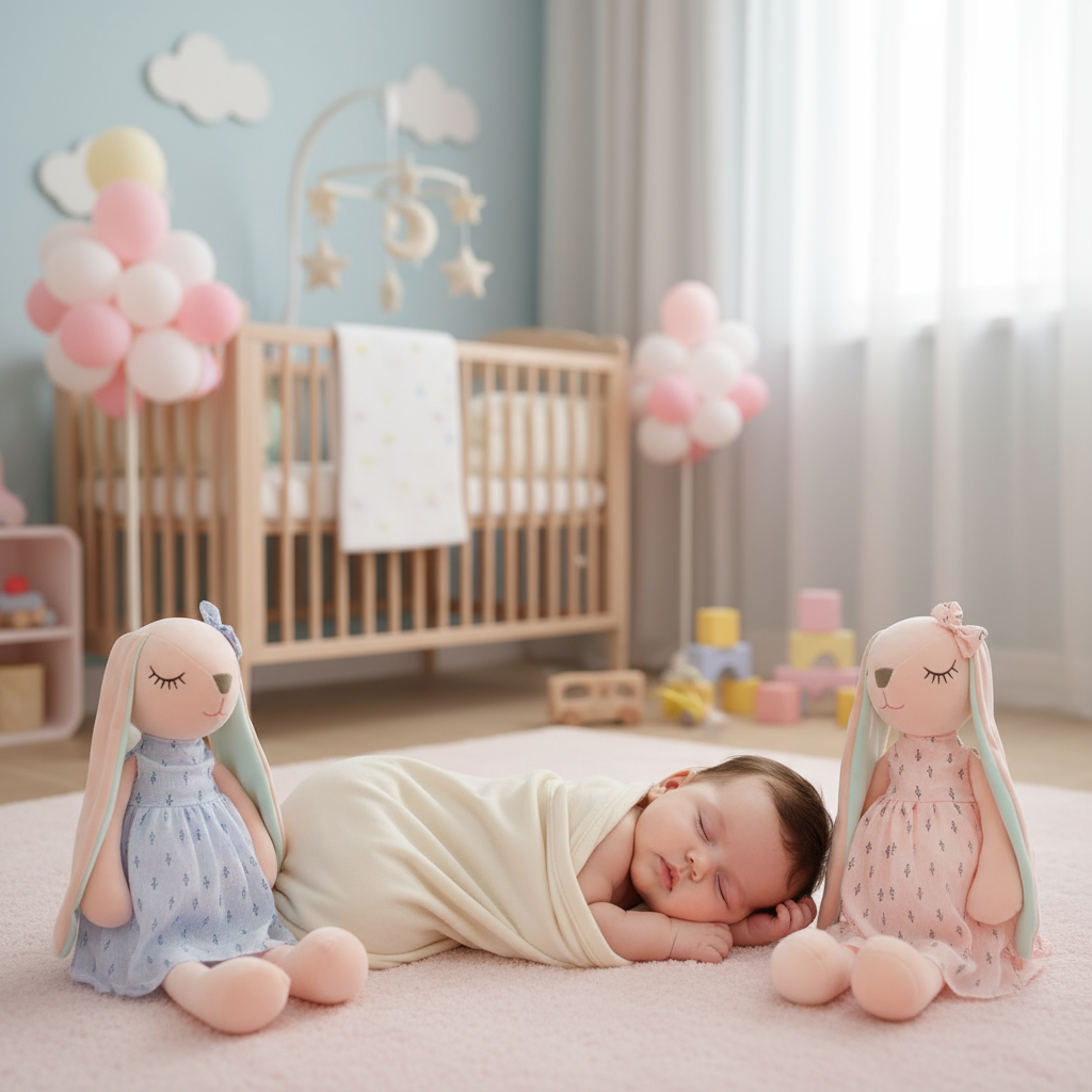 Bébé endormi avec les peluches lapins