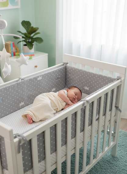 Bébé endormi avec tour de lit gris