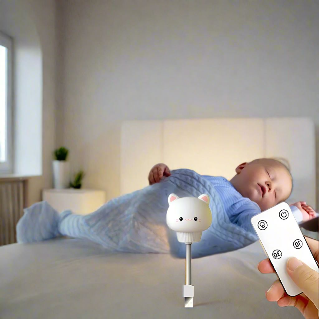 Bébé endormi avec veilleuse bébé chat souriant 