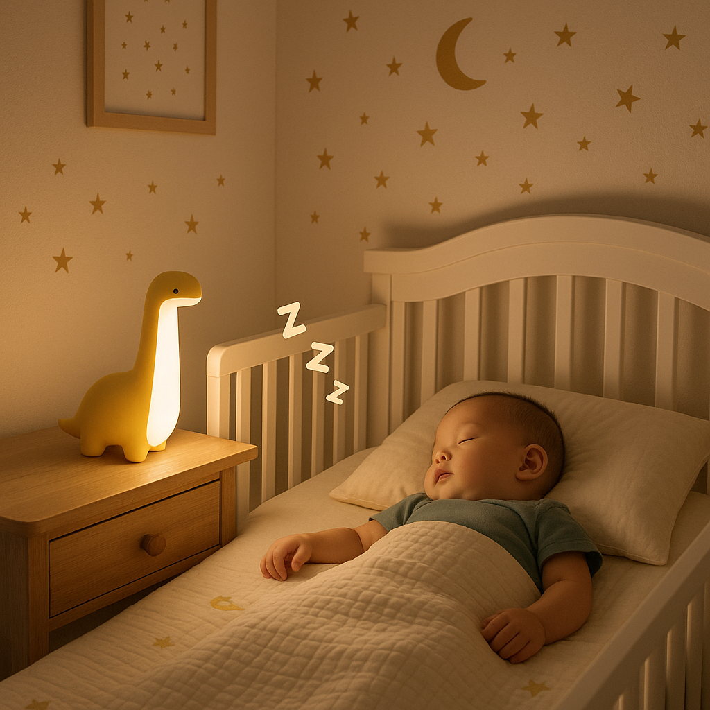 bébé endormi avec veilleuse dinosaure 