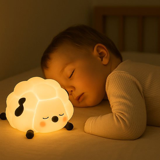 Bébé endormi avec sa veilleuse mouton
