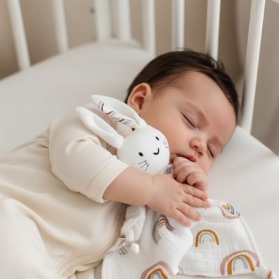 Bébé endormi coller avec doudou lapin