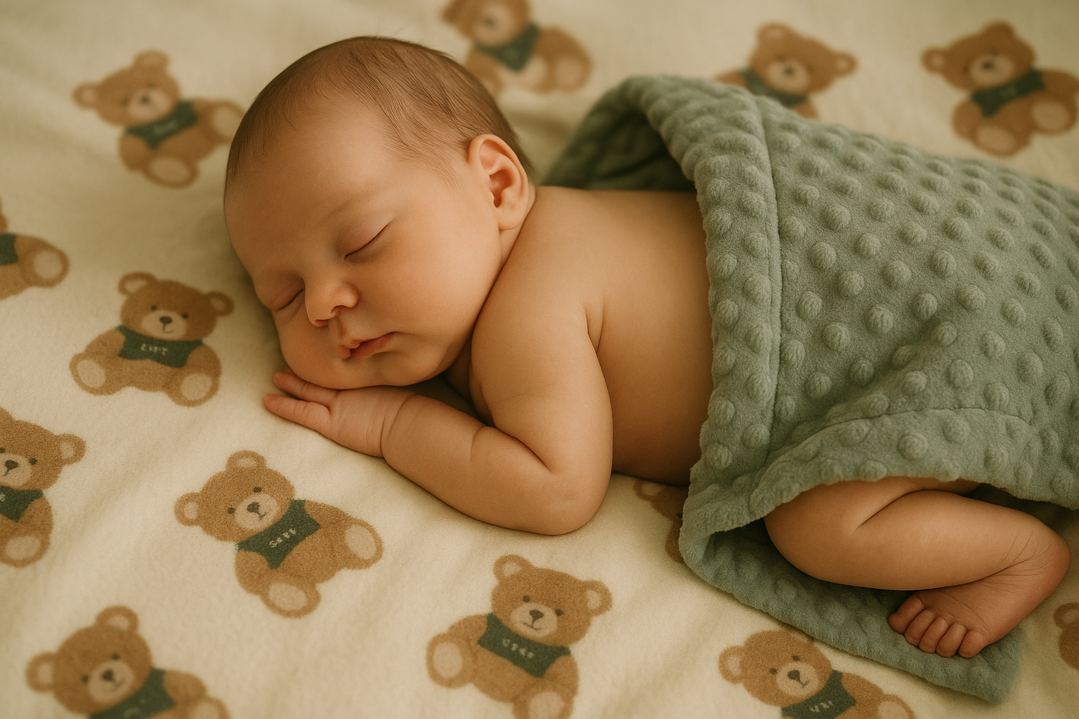 Bébé endormi sur couverture oursons paisiblement 