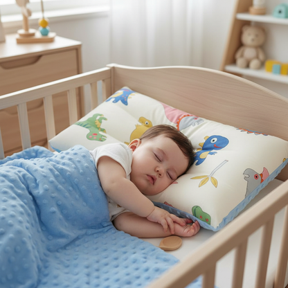 Bébé endormi sur oreiller dinosaures