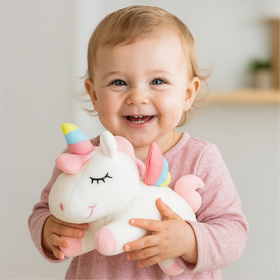 Bébé et peluche licorne bébé blanche magique