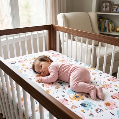 BEBE FILLE ENDORMI SUR DRAP HOUSSE LIT BEBE DOUX