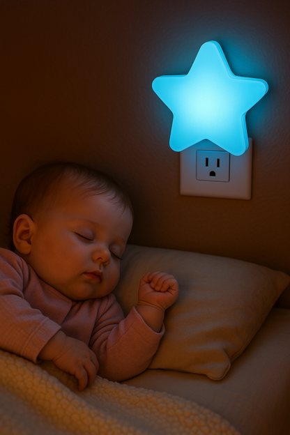 
Bébé fille endormie près veilleuse étoile bleue murale.

