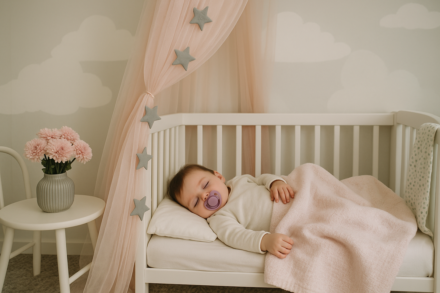 Bébé fille endormie sous ciel de lit rose