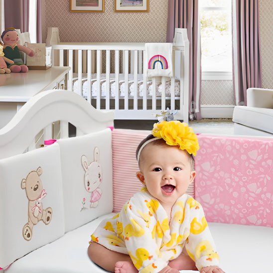 Bébé fille heureuse avec tour de lit bébé