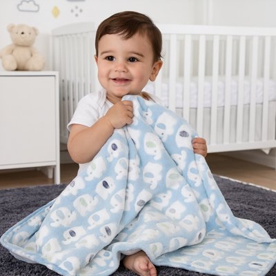 Bébé garçon avec couverture bebe éléphant bleu 