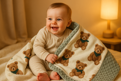 Bébé garçon avec couverture oursons 