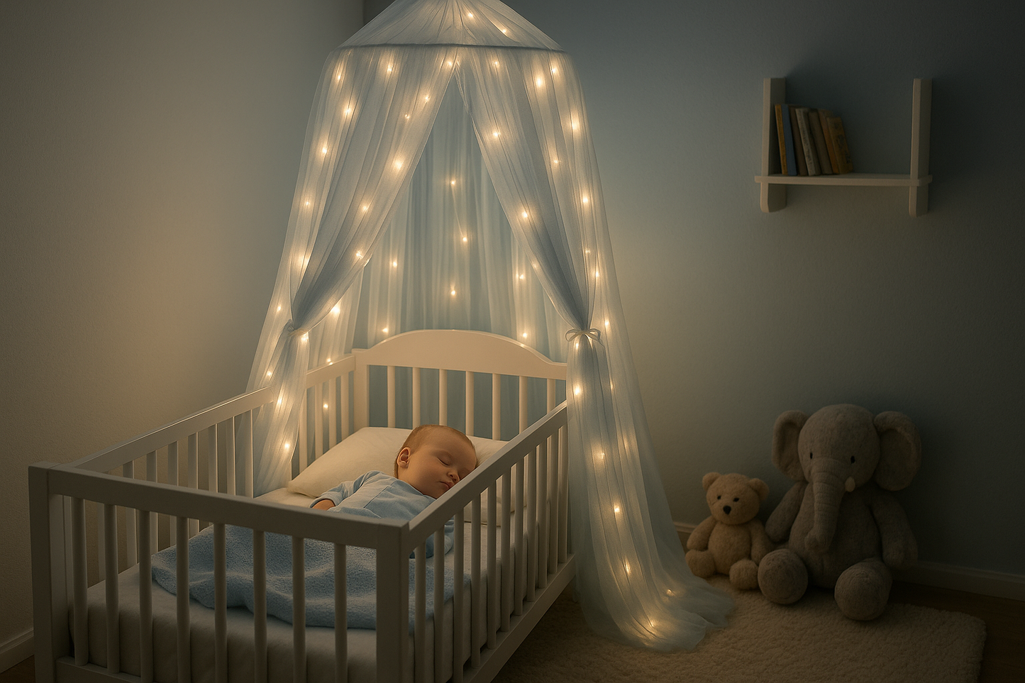 Bébé garçon endormi sous ciel de lit bleu 