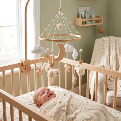 BEBE HEUREUX AVEC MOBILE BEBE MOUTON