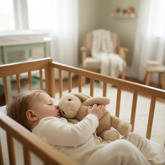 Bébé heureux avec peluche lapin beige