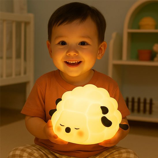 Bébé heureux avec veilleuse mouton magique