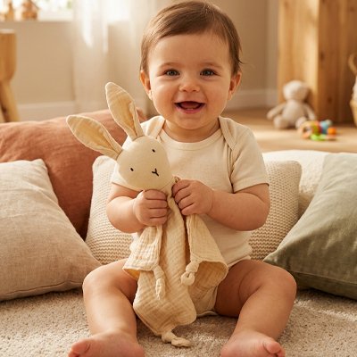 Bébé heureux d avoir doudou lapin beige 