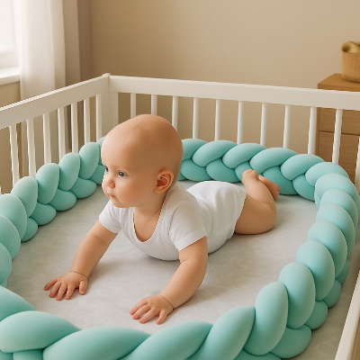 Bébé heureux et calme avec tresse de lit