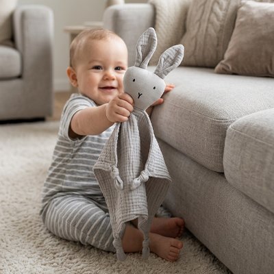 Bébé heureux montrer doudou lapin gris