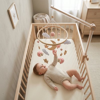 Bébé heureux regarde mobile pour bébé mouton