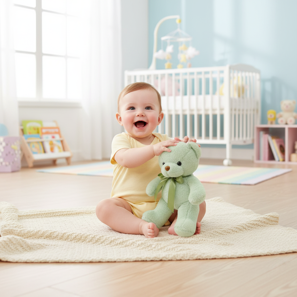 Bébé jouant avec l'ours en peluche vert