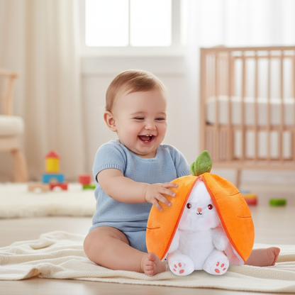 Bébé jouant avec peluche lapin carotte