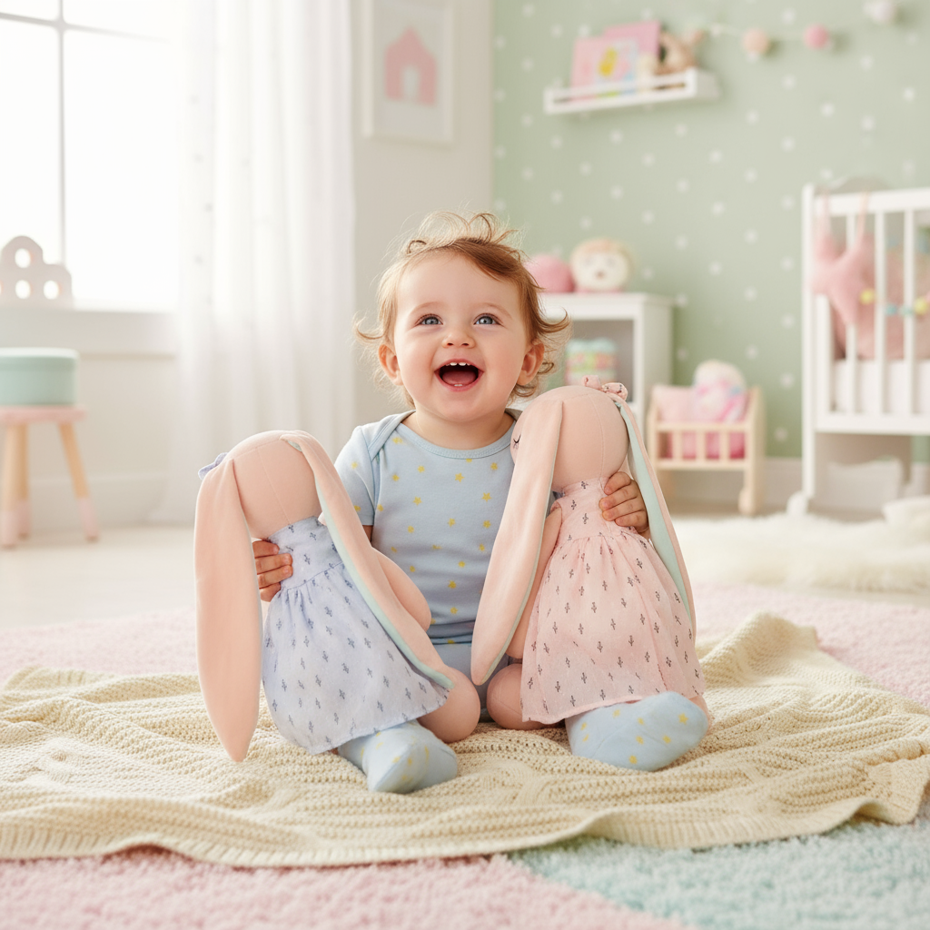 Bébé jouant avec les peluches lapins