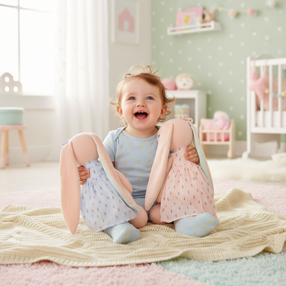 Bébé jouant avec les peluches lapins