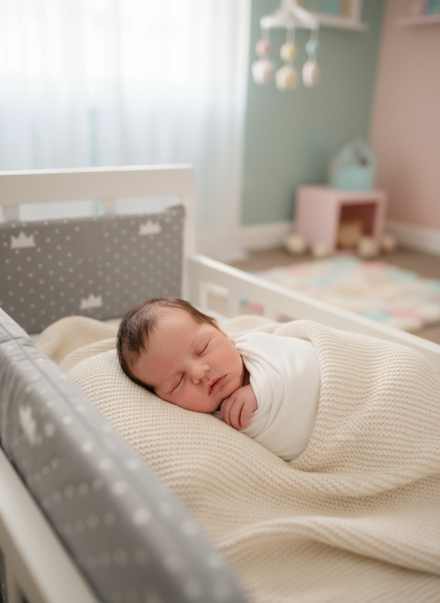 Bébé paisible avec tour de lit à côté
