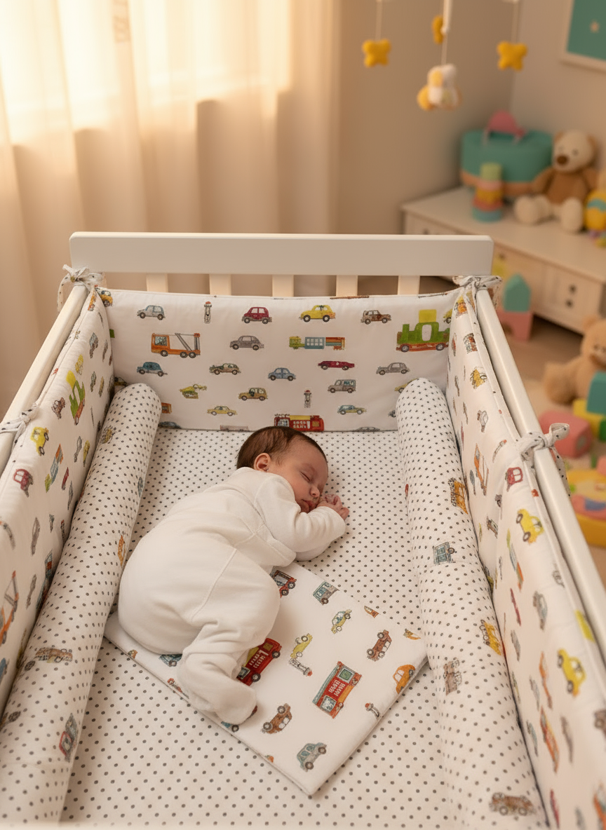 Bébé paisible dans lit avec tour de lit véhicules