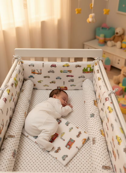 Bébé paisible dans lit avec tour de lit véhicules