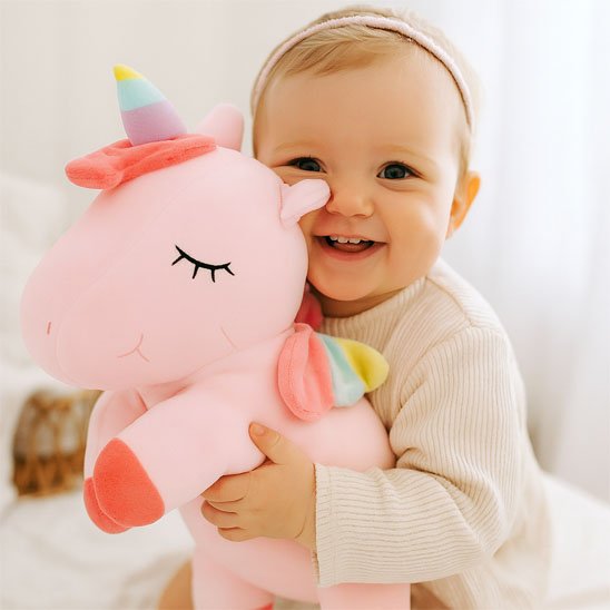 Bébé souriant avec peluche licorne rose 