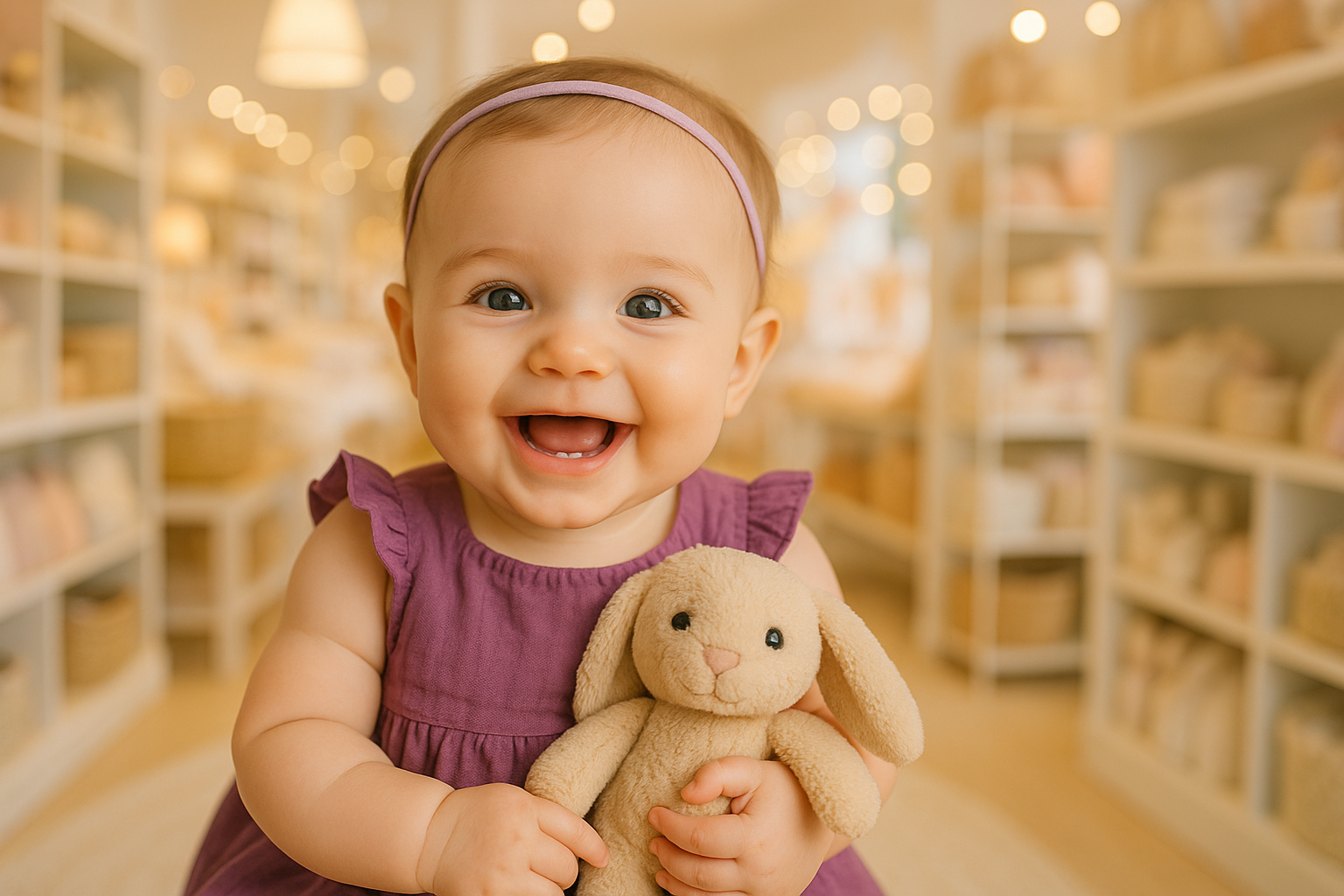Bébé souriant avec toutou lapin