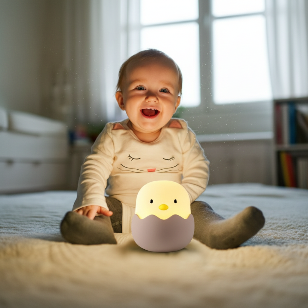 Bébé souriant avec veilleuse poussin