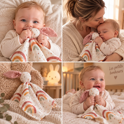 BEBE SOURIT AVEC DOUDOU BEBE LAPIN ARC-EN-CIEL 