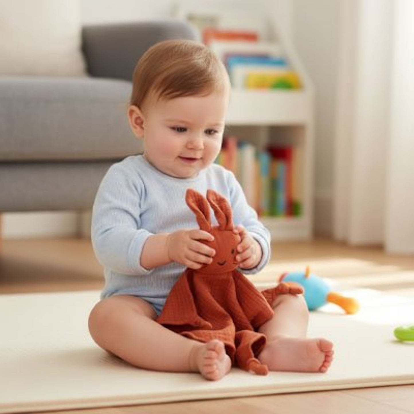Bébé touche tête doudou lapin rouge 