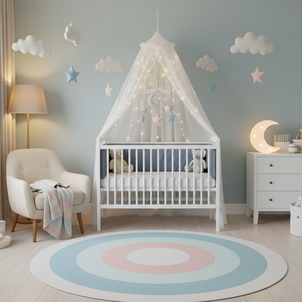 Chambre avec tour de lit bleu marin 