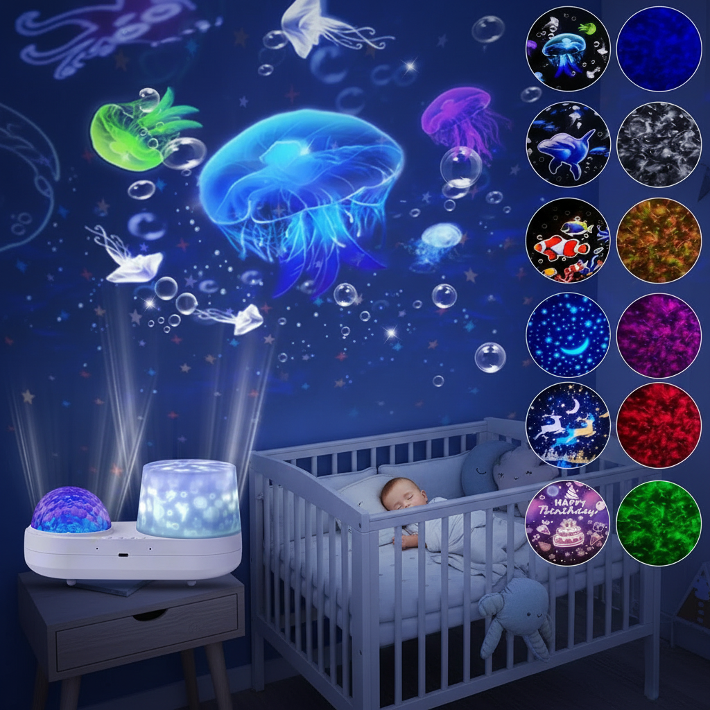 Chambre bébé avec veilleuse et sélection de motifs