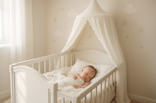 Chambre bébé lumineuse avec ciel de lit blanc
