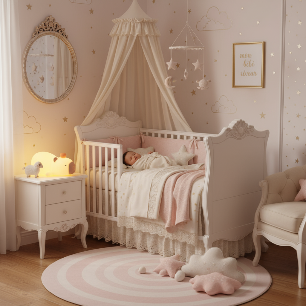 Chambre de bébé rêveur avec veilleuse capybara en rose et crème