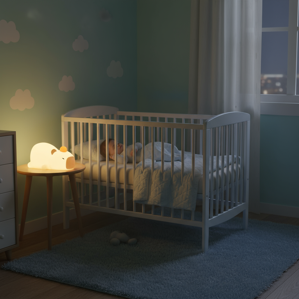 Chambre chaleureuse avec veilleuse capybara et bébé endormi