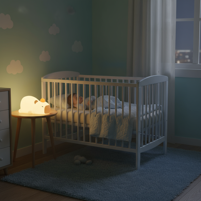 Chambre chaleureuse avec veilleuse capybara et bébé endormi