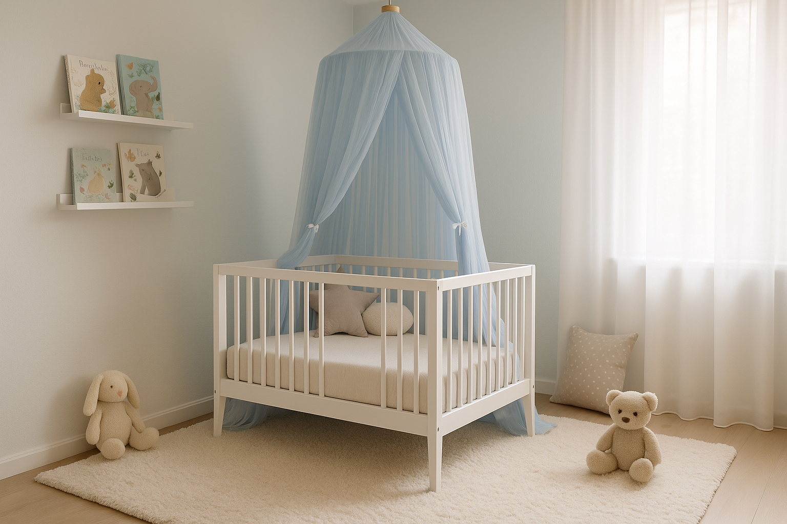Chambre d'enfant avec ciel de lit bleu