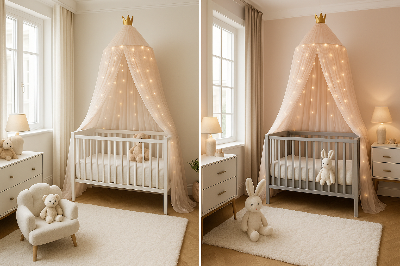 Chambres de bébé élégantes avec ciel de lit lumineux