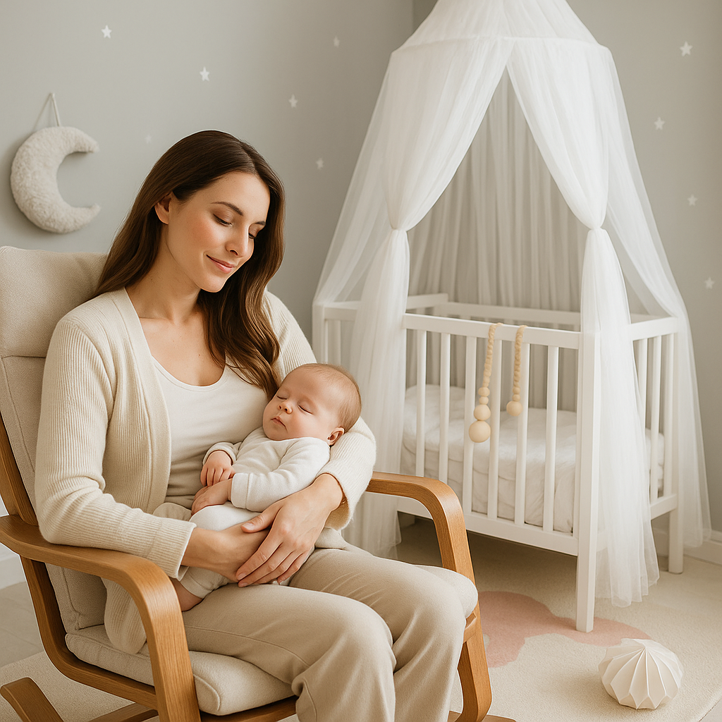 Ciel de lit bébé avec maman berce bébé