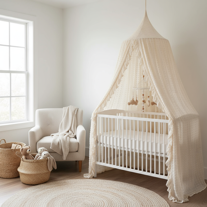 Ciel de lit beige dans une chambre