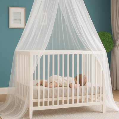  Ciel de lit blanc installé dessus lit bébé 