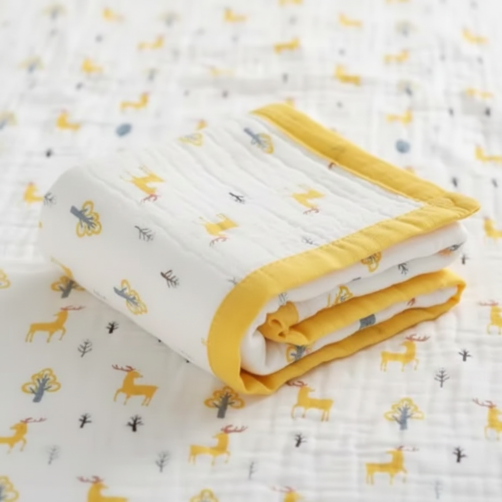 COUVERTURE BEBE AVEC MOTIF FORET JAUNE